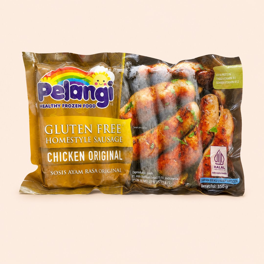 Cover produk Pelangi Sosis Ayam Chicken Original Gluten Free 350g dengan latar krem