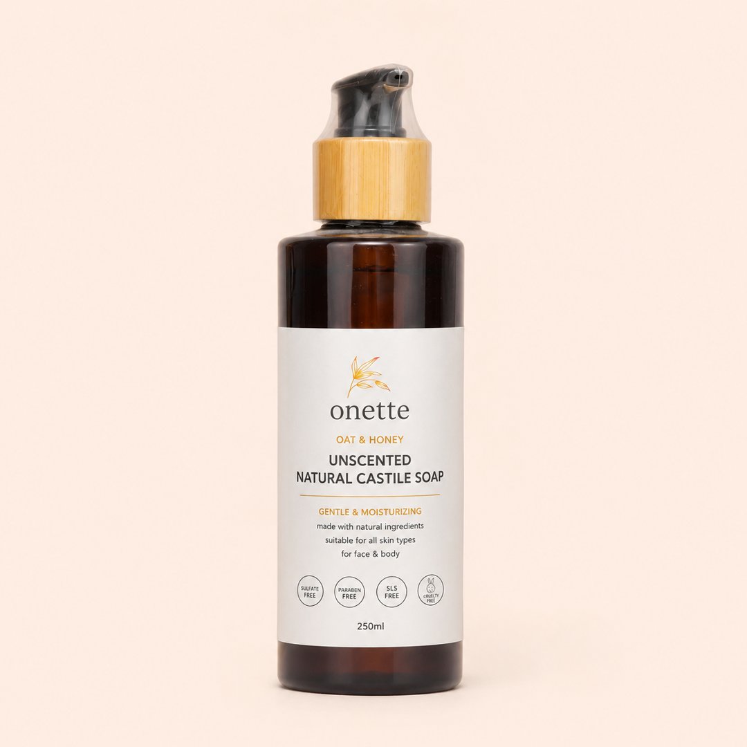 Cover produk Onette Oat & Honey Unscented Natural Castile Soap 250ml dengan latar krem