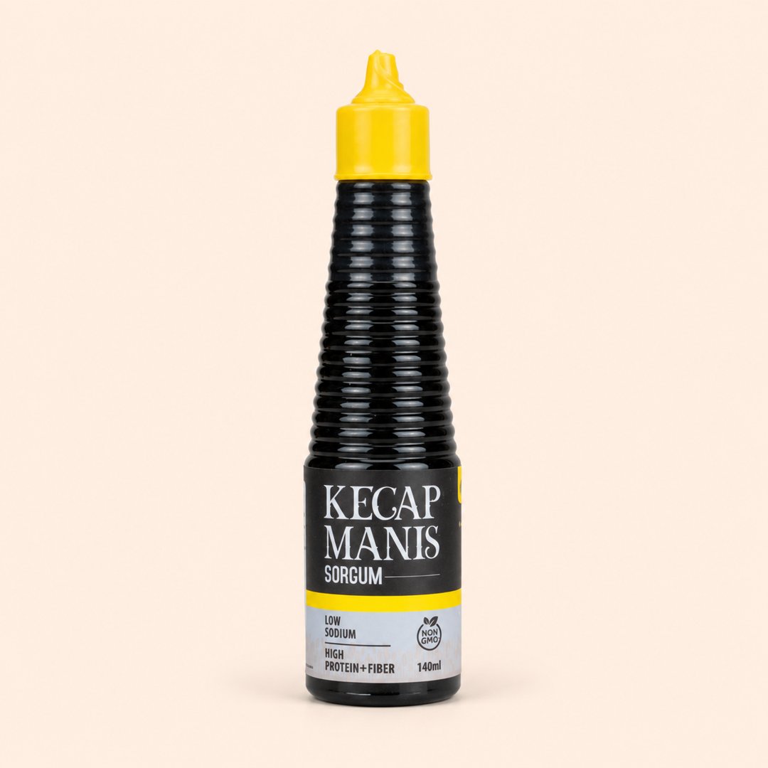 Cover produk Healthy Choice Kecap Manis Sorghum 140ml - Bebas Kedelai & Rendah Natrium dengan latar krem