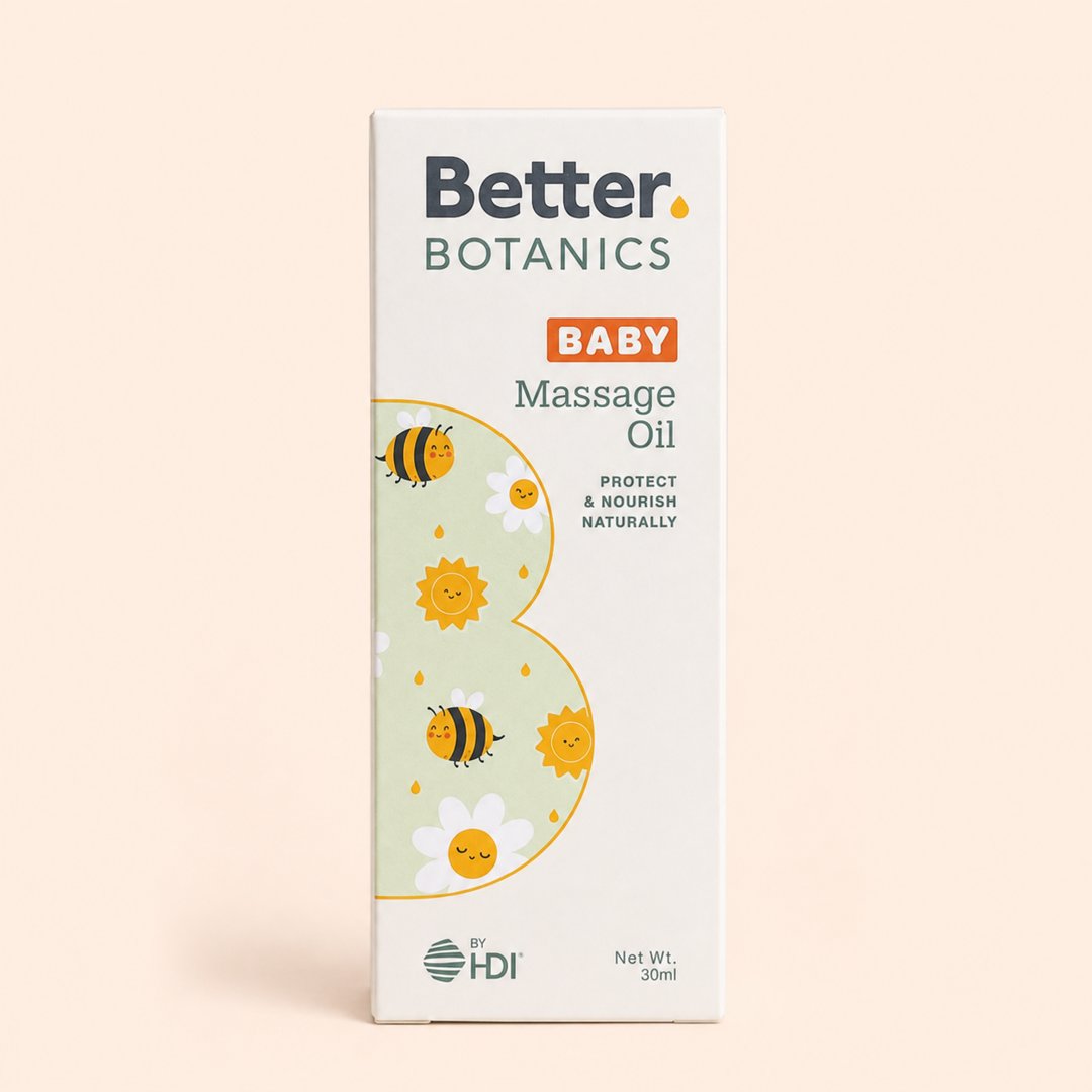 Cover produk Better Botanics Baby Massage Oil by HDI - 30ml dengan latar krem