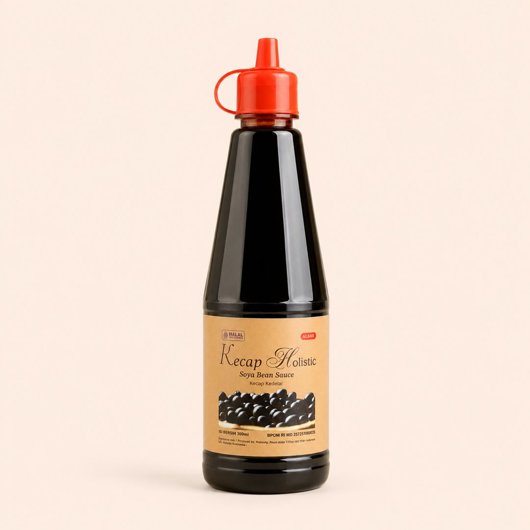 Cover produk Kecap Manis Kedelai Hitam Holistic 300ml - Alami & Sehat dengan latar krem