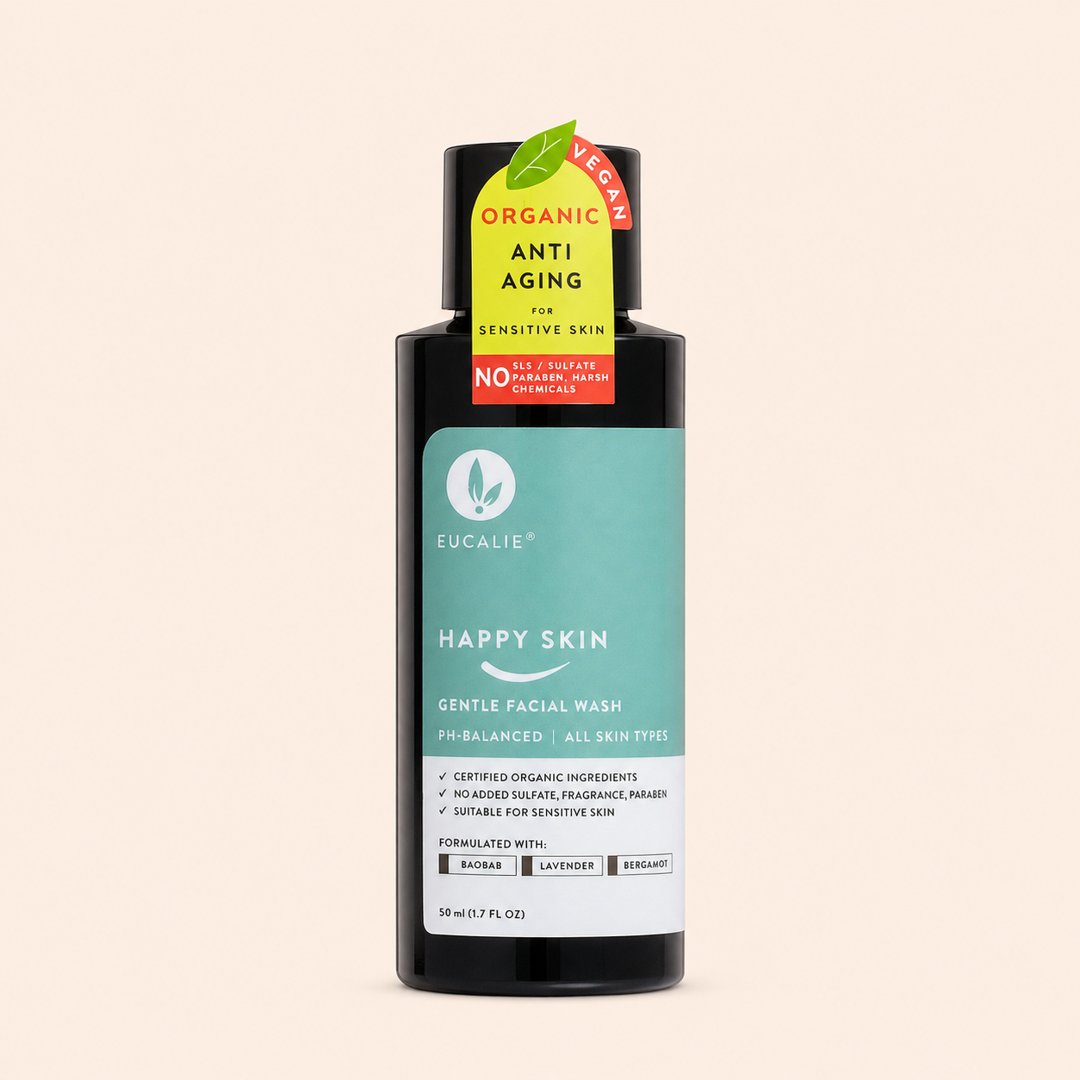 Cover produk Eucalie Happy Skin Gentle Facial Wash - Sabun Wajah Organik 50ml dengan latar krem