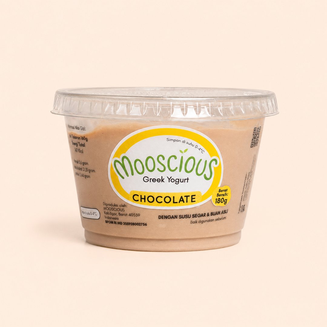 Cover produk Mooscious Greek Yogurt Chocolate 180g dengan latar krem