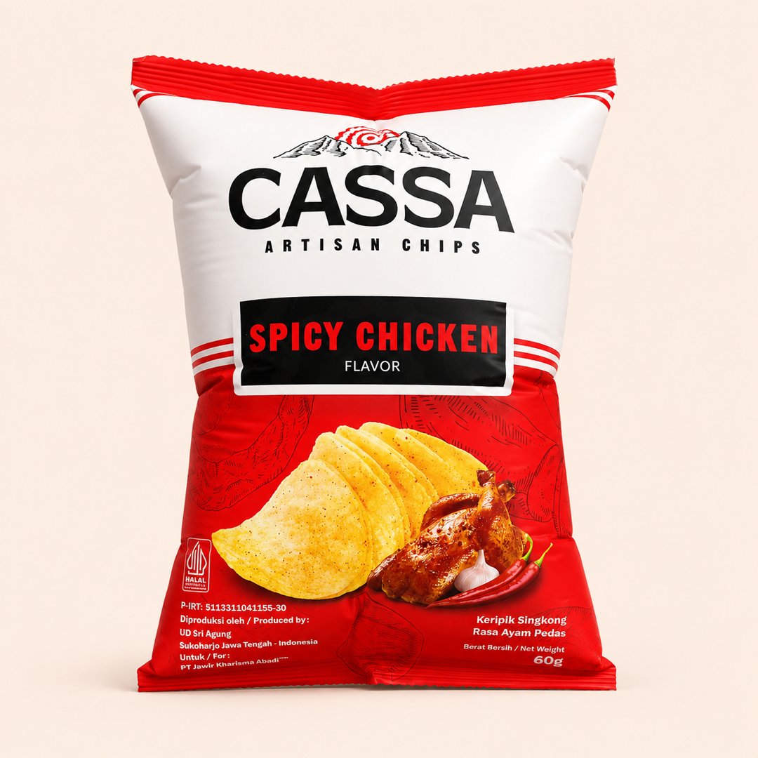 Cover produk Cassa Artisan Chips Spicy Chicken 60gr dengan latar krem