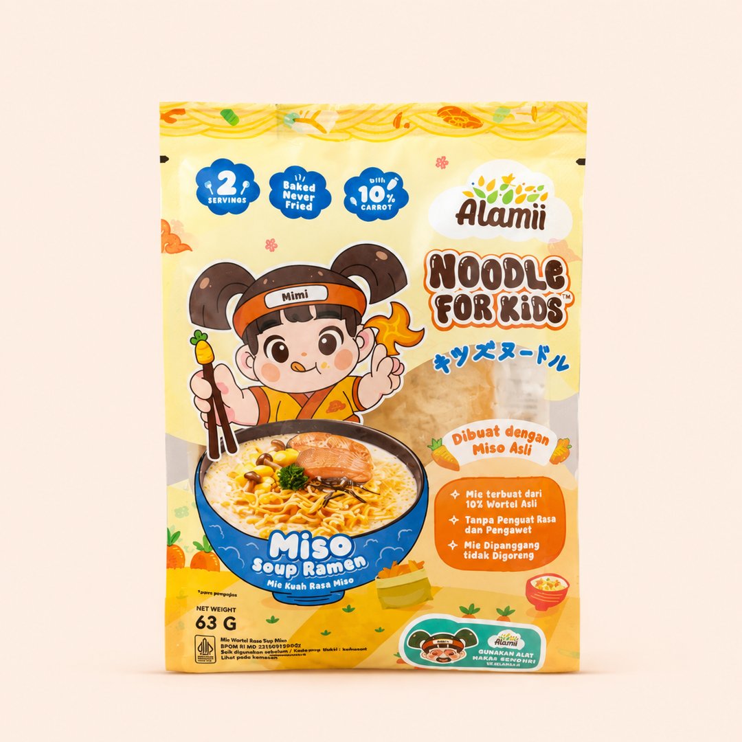 Cover produk Alamii Noodle For Kids Miso Soup Ramen 63g dengan latar krem