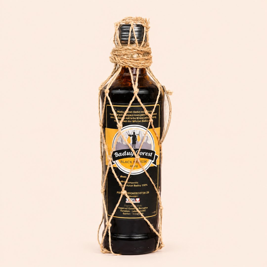 Cover produk Madu Hutan Baduy Forest Black Medium 460g - Botol Kaca dengan latar krem