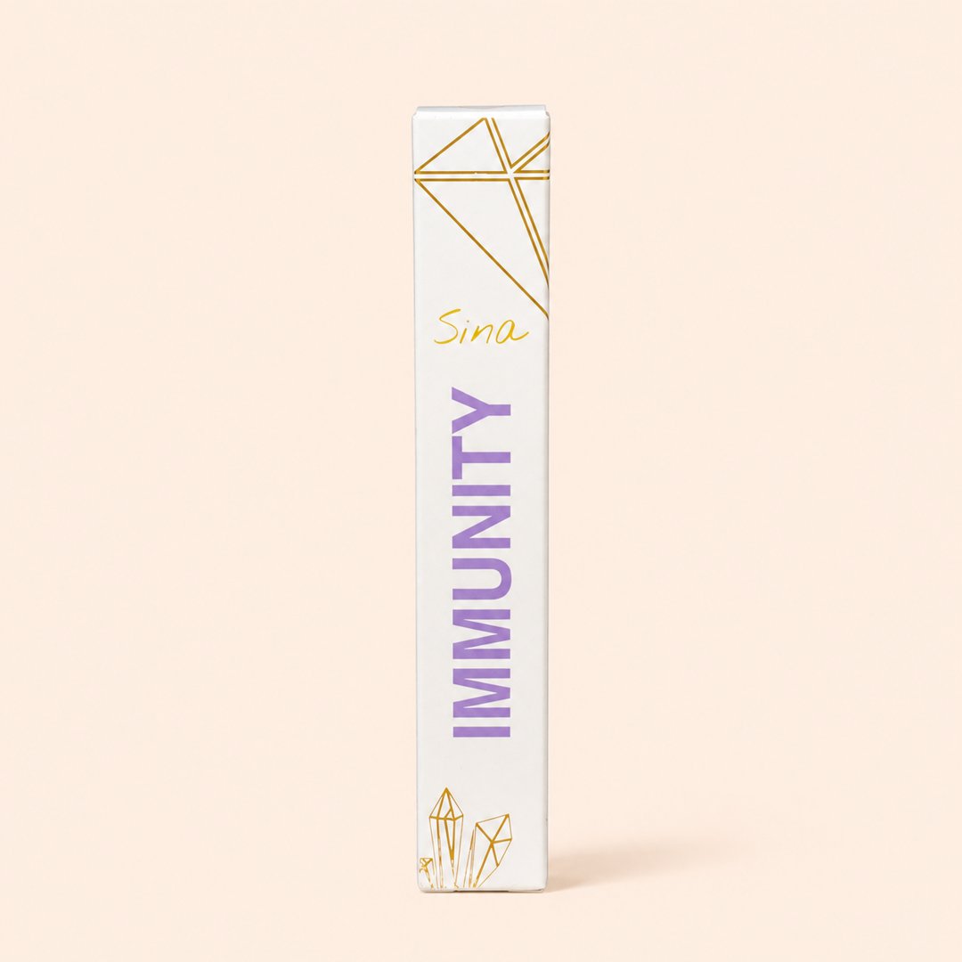 Cover produk Sina Crystal Infused Essential Oil Roller Immunity Amethyst dengan latar krem