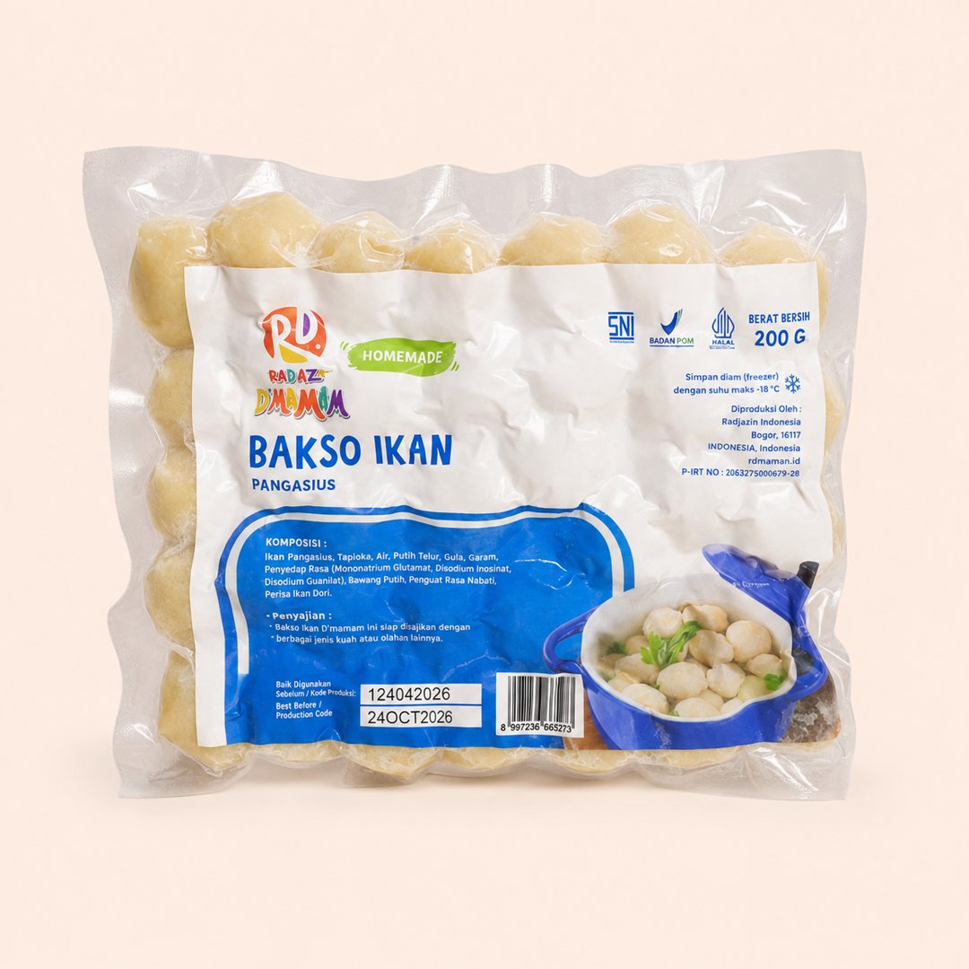 Cover produk Bakso Ikan Dori Pangasius D'mamam Homemade dengan latar krem