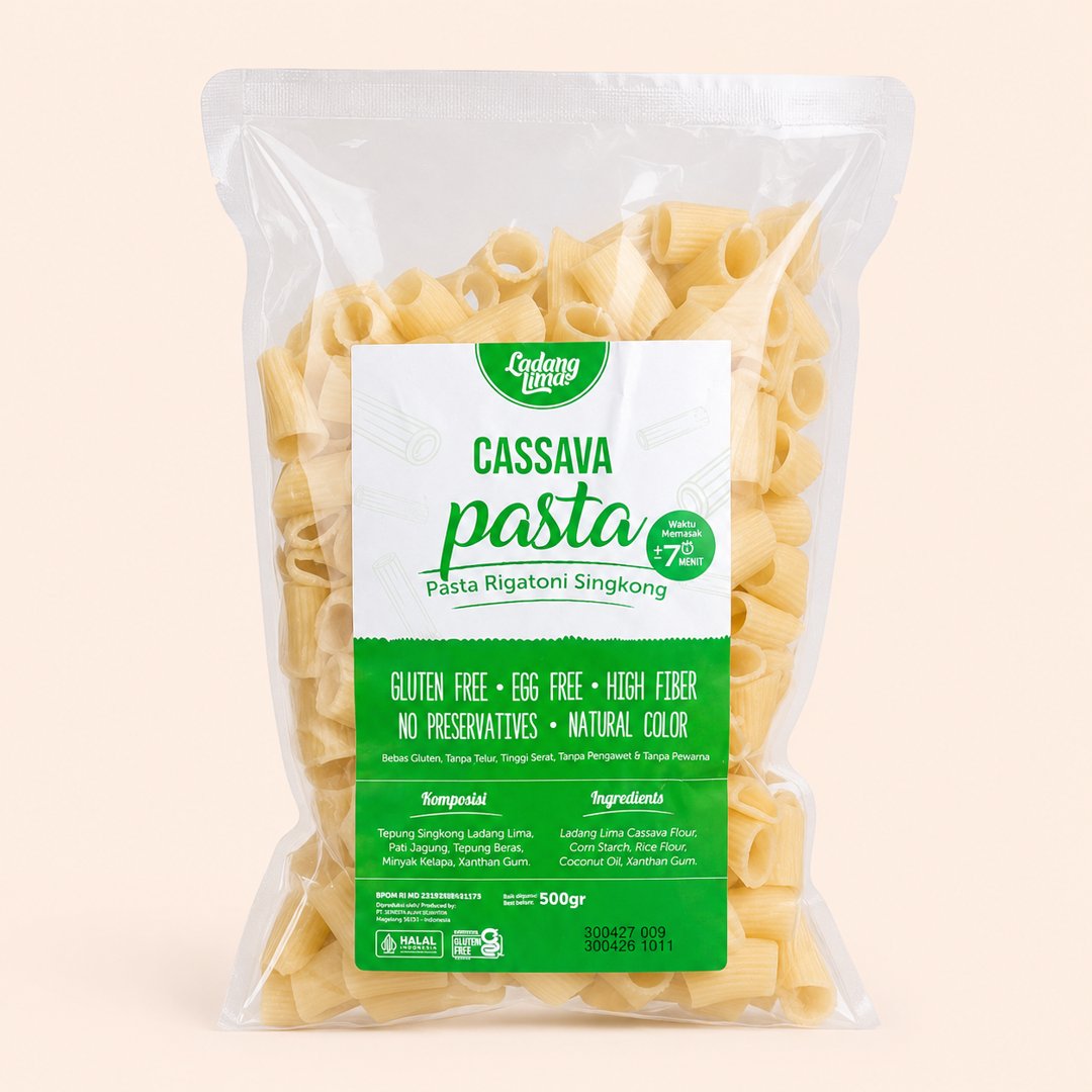 Cover produk Ladang Lima Cassava Pasta Rigatoni 500g - Pasta Singkong Bebas Gluten dengan latar krem