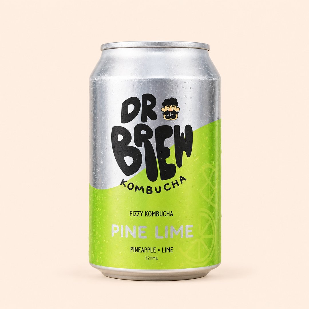 Cover produk Dr Brew Fizzy Kombucha Pine Lime 320ml dengan latar krem
