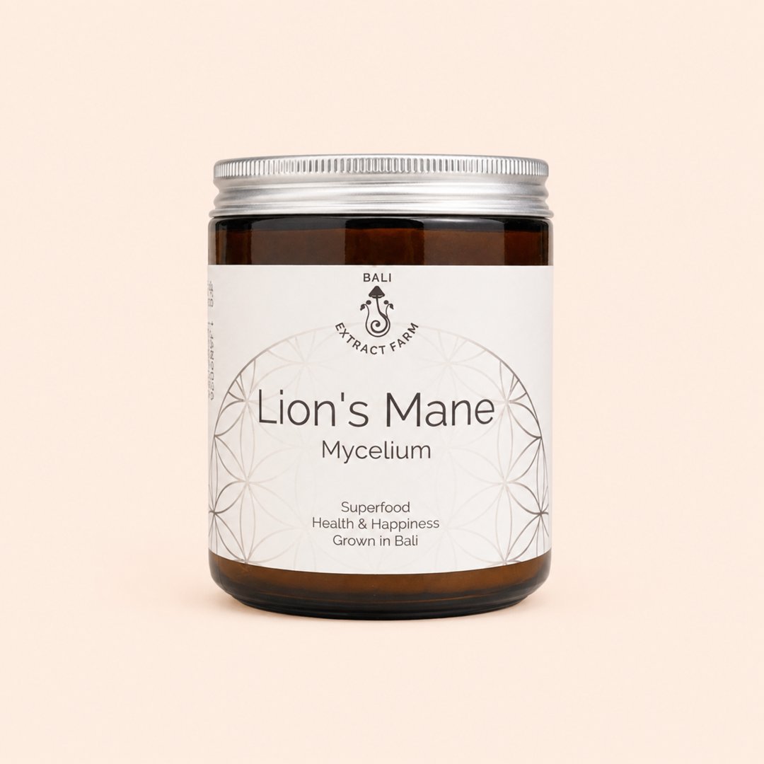 Cover produk Bali Extract Farm Lion's Mane Mycelium Powder 100g dengan latar krem