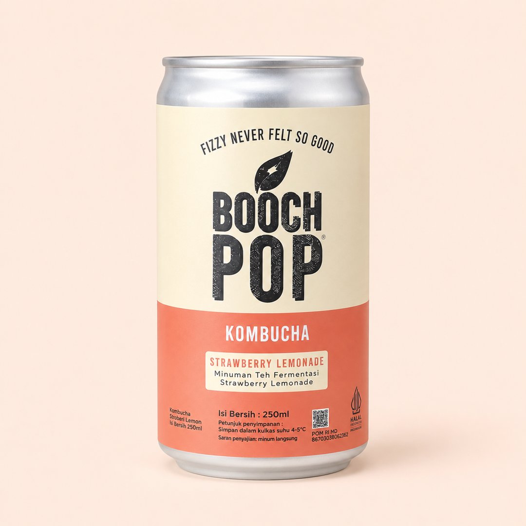 Cover produk Booch Pop Kombucha Strawberry Lemonade 250ml dengan latar krem