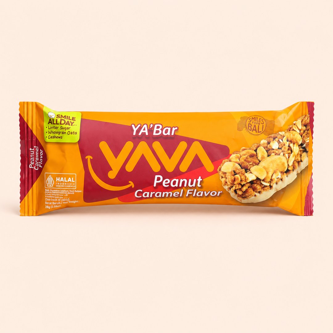 Cover produk Yava Ya'Bar Peanut Caramel Flavor 28g - Snack Bar Sehat dengan latar krem