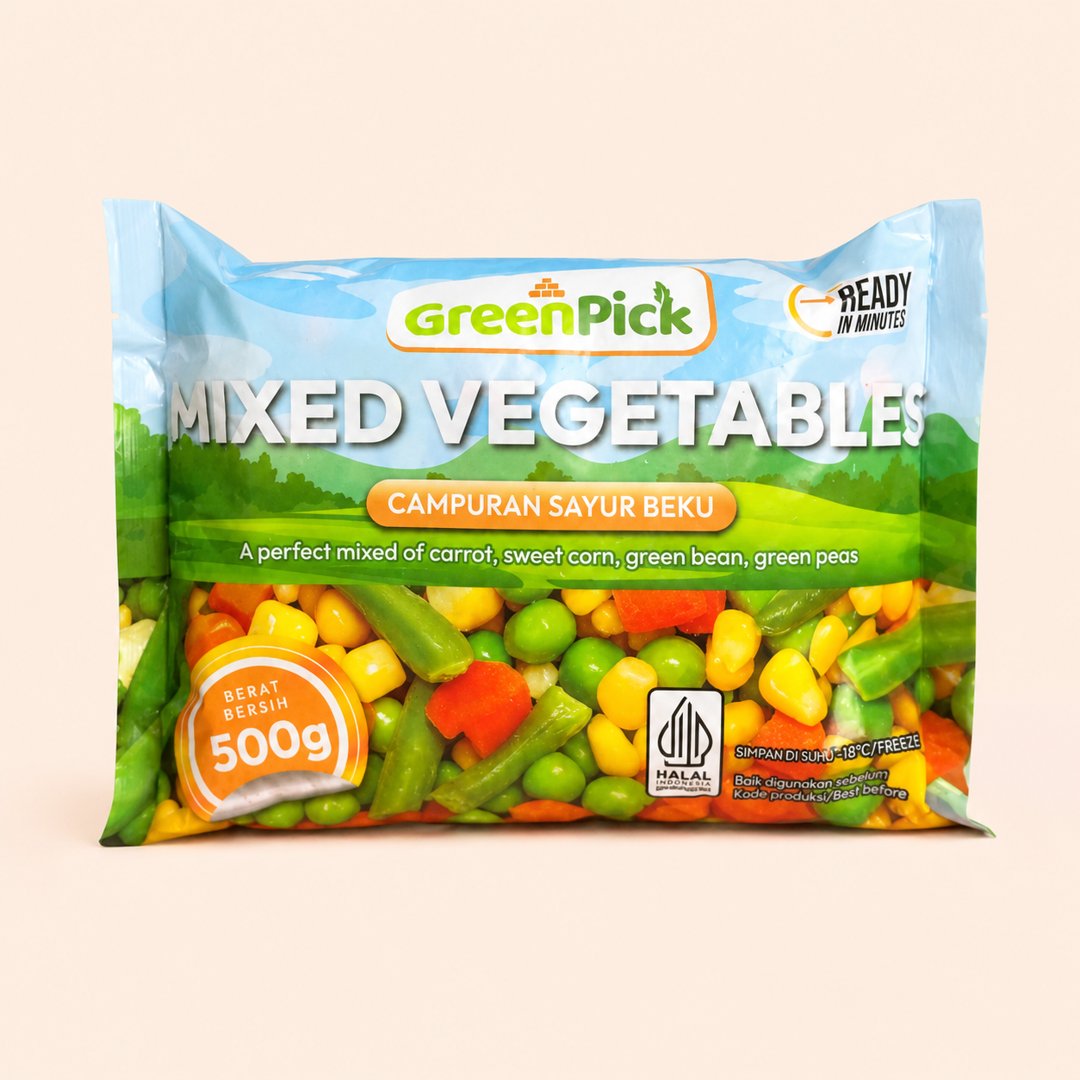 Cover produk GreenPick Mixed Vegetables 500g - Sayuran Campur Beku Premium dengan latar krem