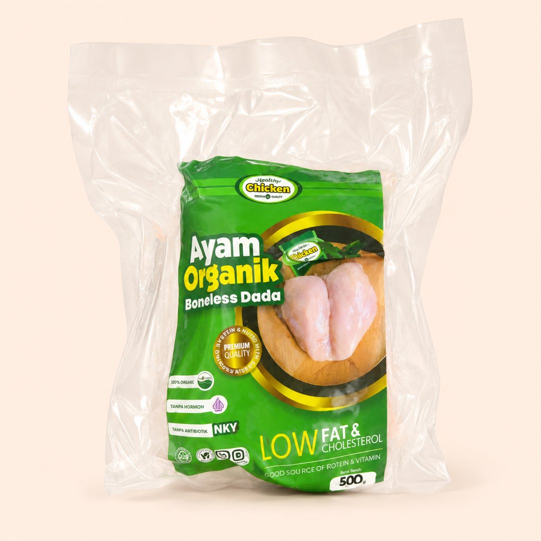 Cover produk Healti Ciken Ayam Organik Boneless Dada 500gr dengan latar krem