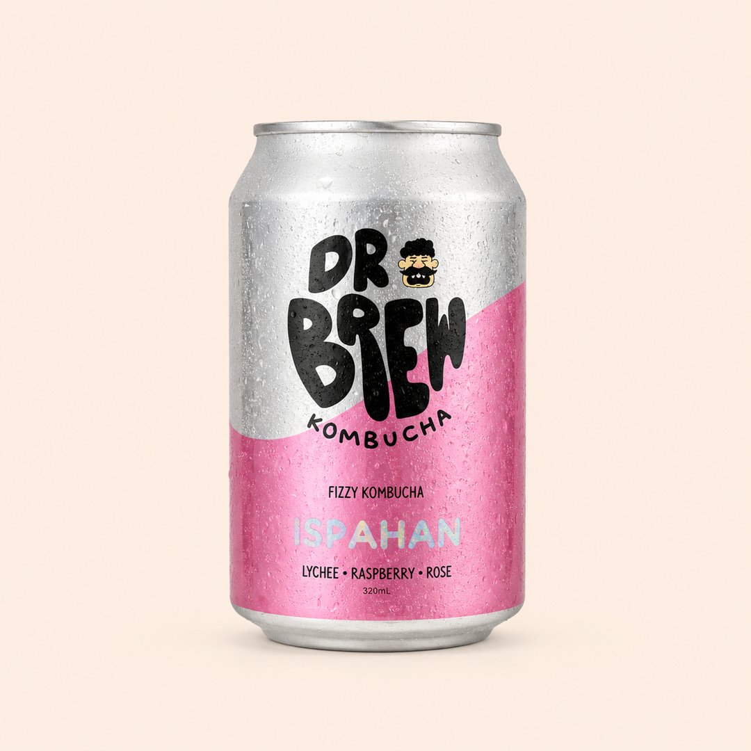 Cover produk Dr Brew Kombucha Ispahan Lychee Raspberry Rose 320ml dengan latar krem