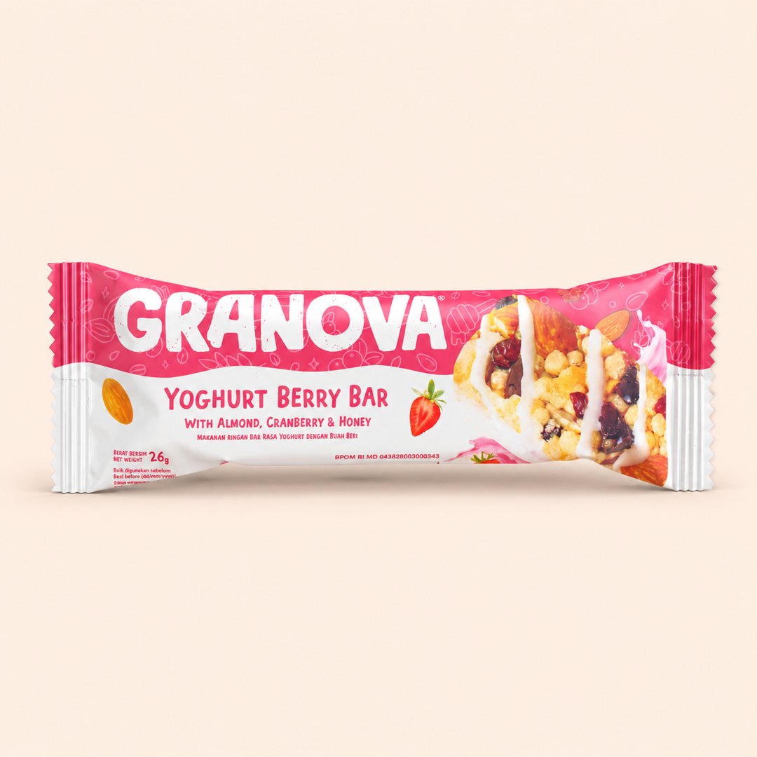 Cover produk Granova Yoghurt Berry Bar with Almond, Cranberry & Honey dengan latar krem
