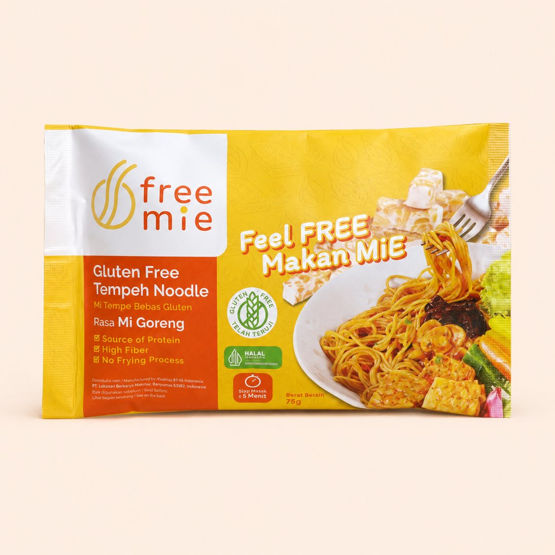 Cover produk Freemie Gluten Free Tempeh Noodle Rasa Mi Goreng 75g dengan latar krem