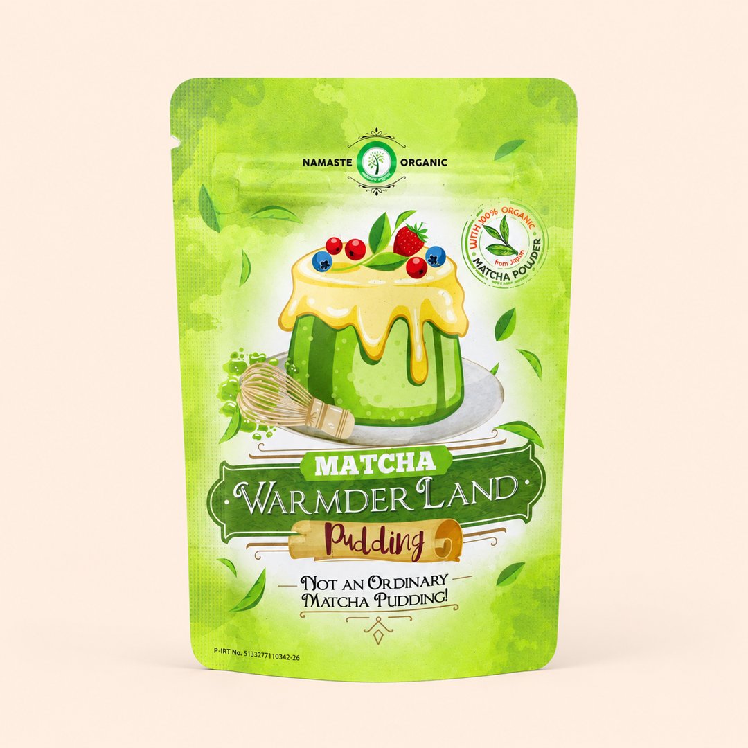 Cover produk Namaste Organic Matcha Warmderland Pudding 35g dengan latar krem