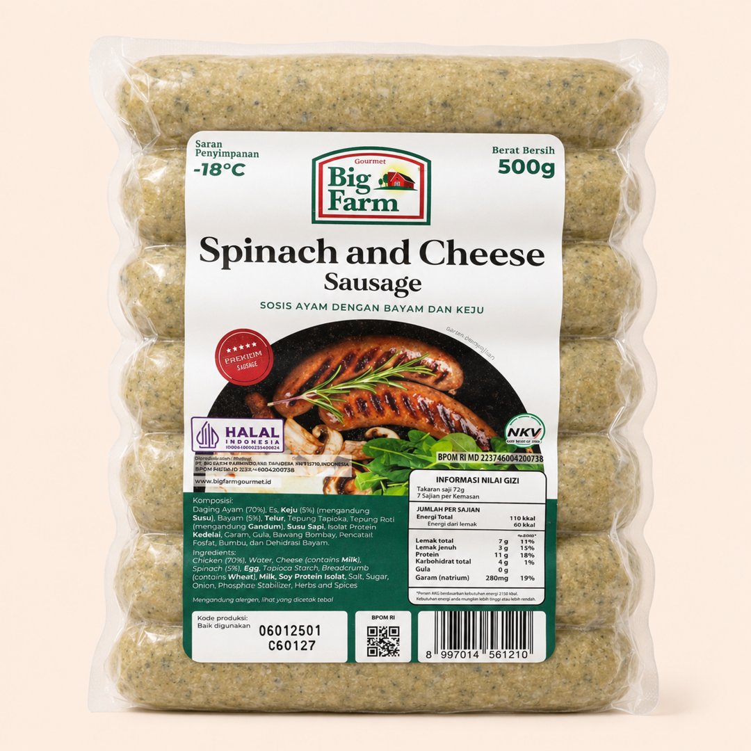 Cover produk Big Farm Spinach and Cheese Chicken Sausage 500g dengan latar krem