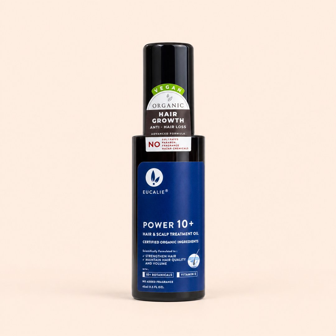 Cover produk Eucalie Power 10+ Hair & Scalp Treatment Oil - Serum Rambut Organik 45ml dengan latar krem