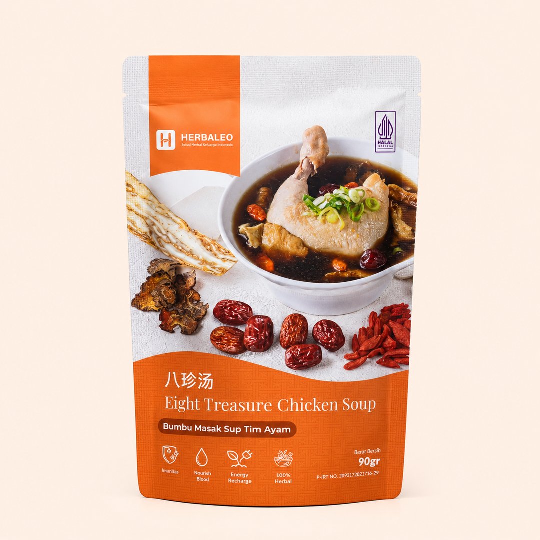 Cover produk Herbaleo Eight Treasure Chicken Soup 90g dengan latar krem
