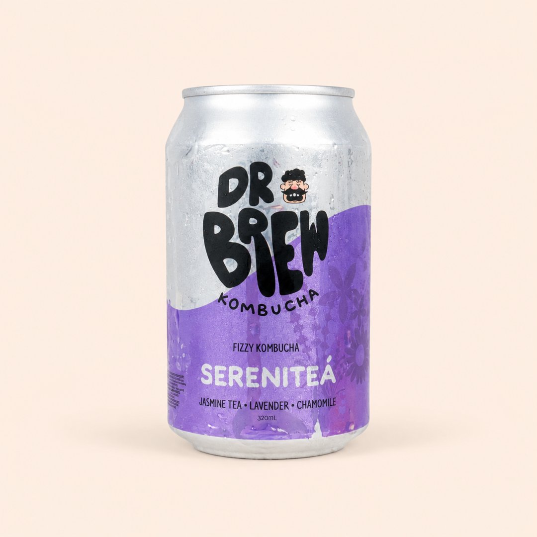 Cover produk Dr Brew Kombucha Serenitea 320ml - Jasmine Lavender Chamomile dengan latar krem