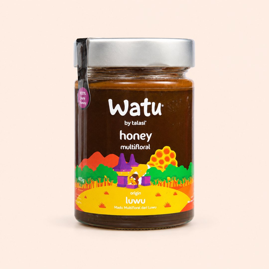 Cover produk Watu Honey Multifloral Luwu 400g - Madu Trigona Murni dengan latar krem