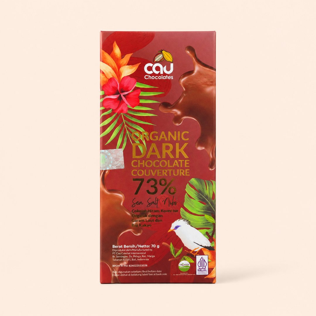 Cover produk Cau Chocolates Organic Dark Chocolate 73% with Sea Salt Nibs dengan latar krem