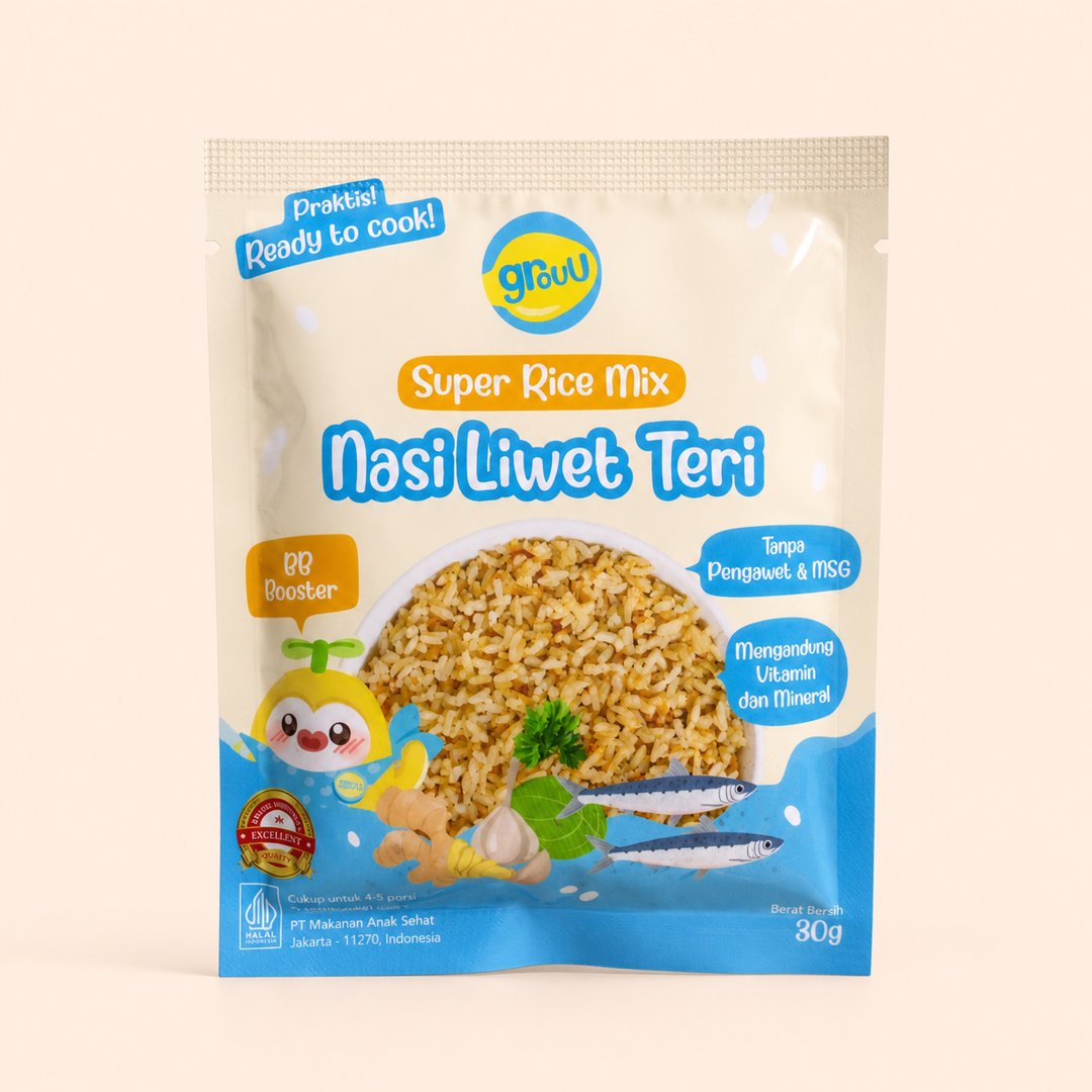 Cover produk Grouu Super Rice Mix Nasi Liwet Teri 30g dengan latar krem