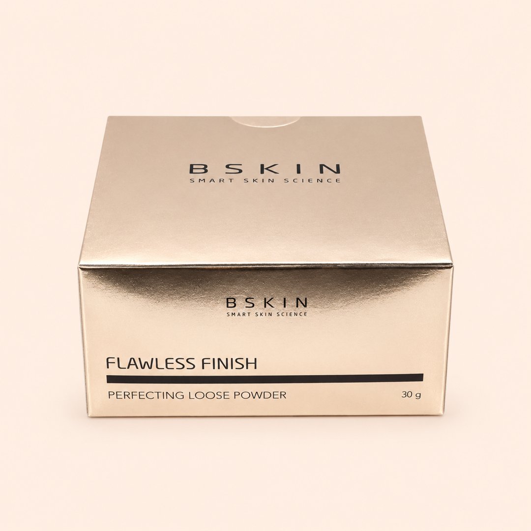 Cover produk BSKIN Flawless Finish Perfecting Loose Powder 30g dengan latar krem