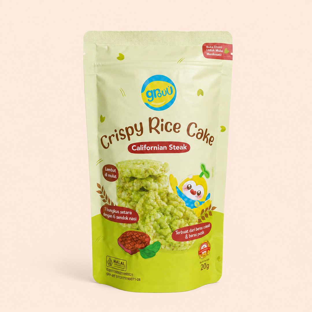 Cover produk Grouu Crispy Rice Cake Californian Steak 20g dengan latar krem