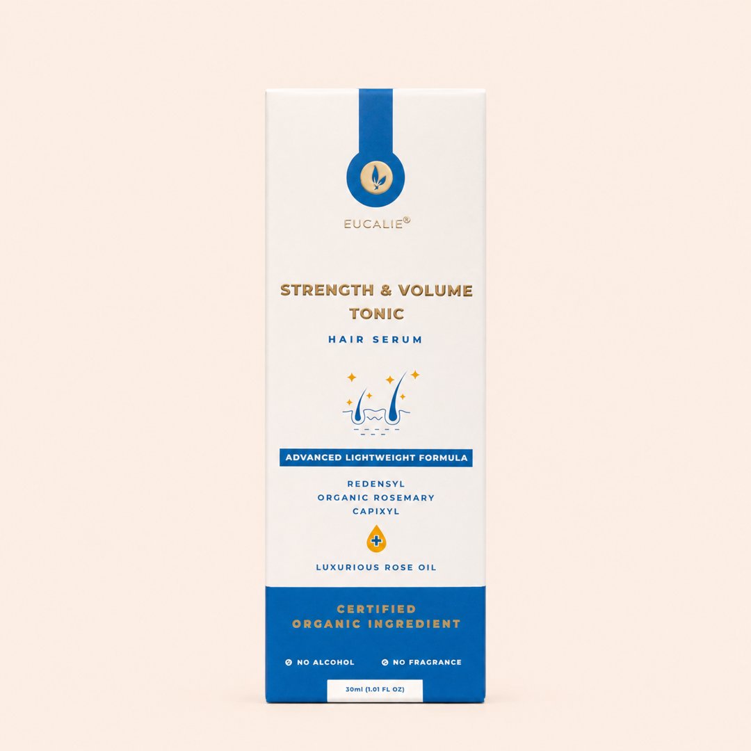Cover produk Eucalie Strength & Volume Tonic Hair Serum 30ml dengan latar krem