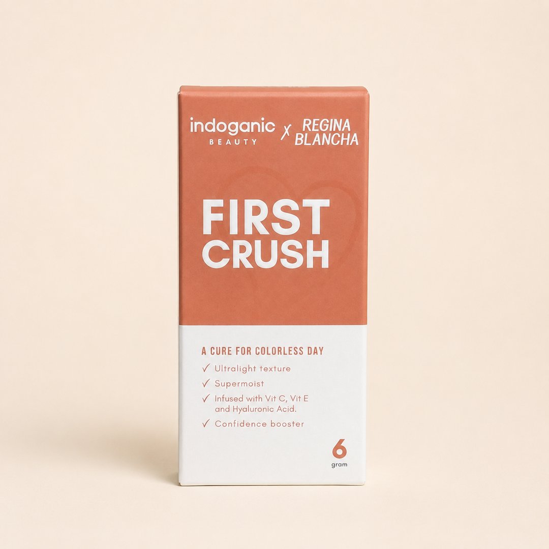 Cover produk Indoganic x Regina Blancha Lip & Cheek Paint First Crush dengan latar krem
