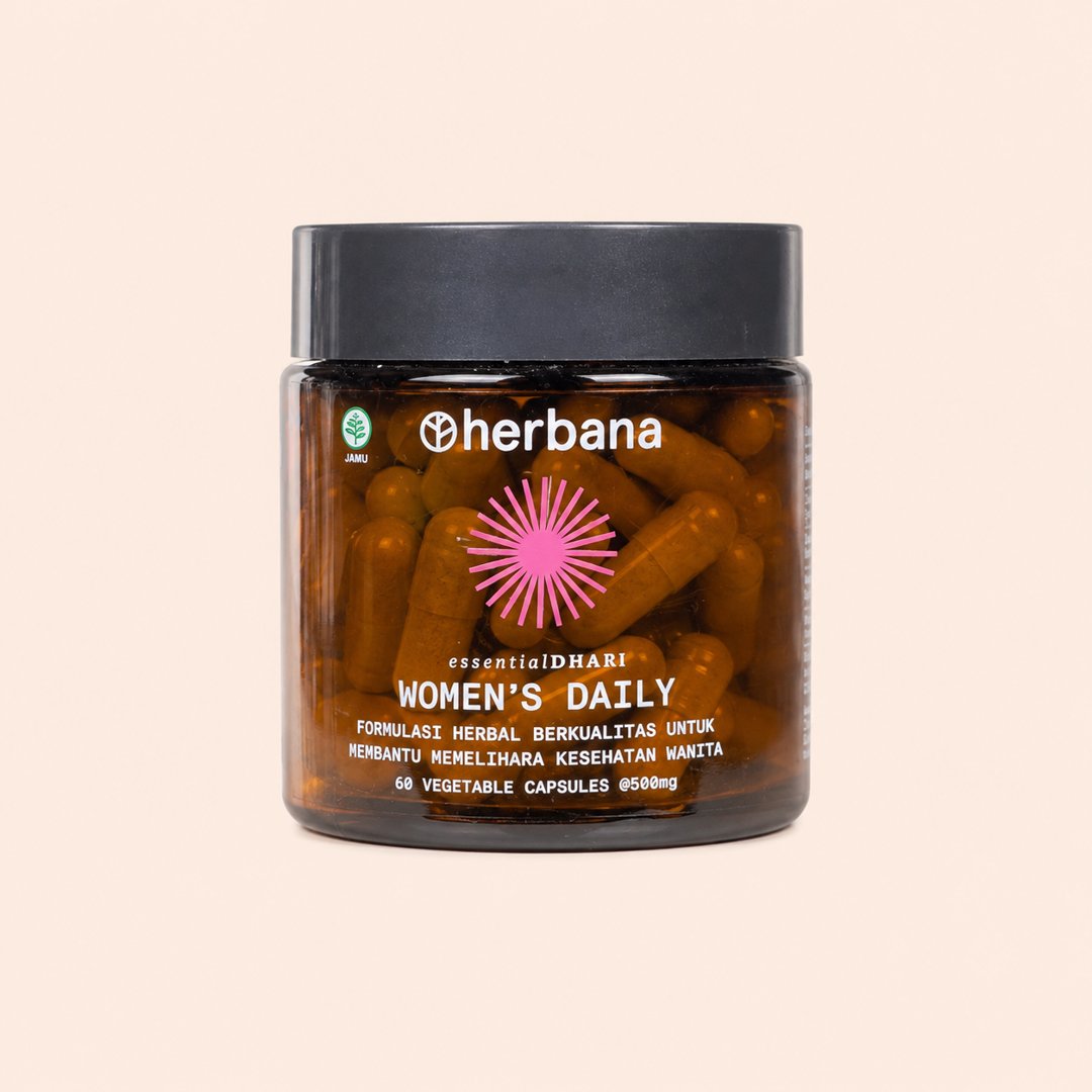 Cover produk Herbana Essential Dhari Women's Daily - Suplemen Kesehatan Wanita (60 Caps) dengan latar krem