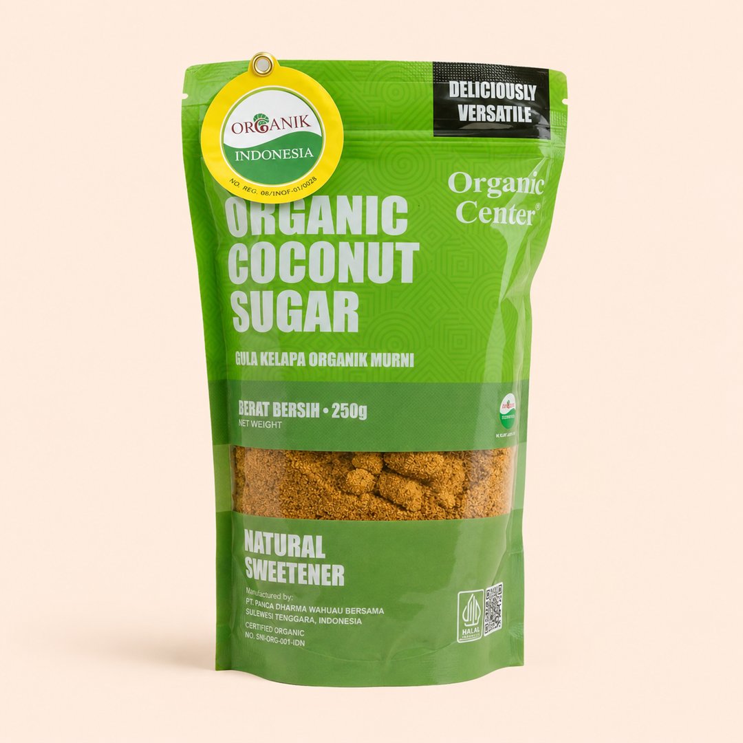 Cover produk Organic Center Gula Kelapa Organik 250g dengan latar krem
