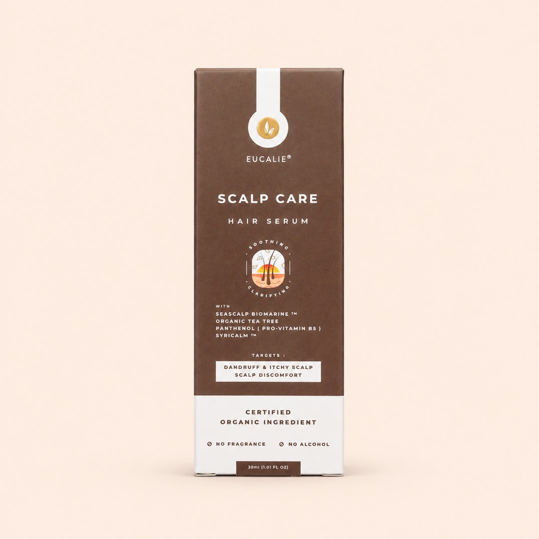 Cover produk Eucalie Scalp Care Hair Serum 30ml - Serum Rambut Organik Anti Ketombe dengan latar krem
