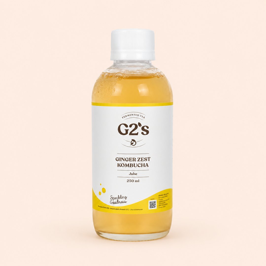 Cover produk G2's Ginger Zest Kombucha - Minuman Probiotik Jahe Segar 250ml dengan latar krem