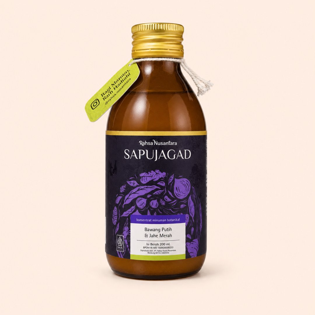 Cover produk Sapu Jagad Rahsa Nusantara - Konsentrat Bawang Putih & Jahe Merah 200ml dengan latar krem