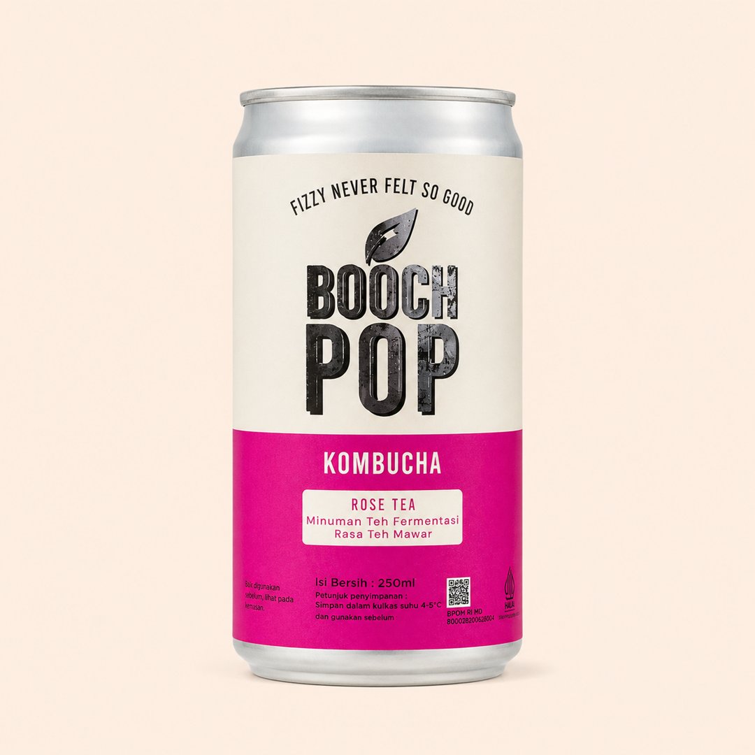Cover produk Booch Pop Rose Tea Kombucha - Minuman Probiotik Alami 250ml dengan latar krem